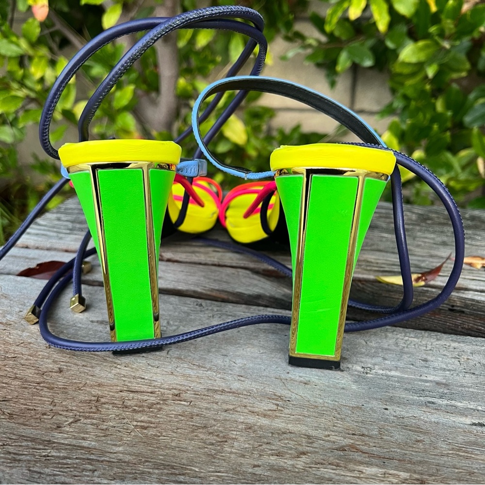 Kat Maconie Ashleigh Neon Yellow Pink Strappy Heels - Picture 8 of 14